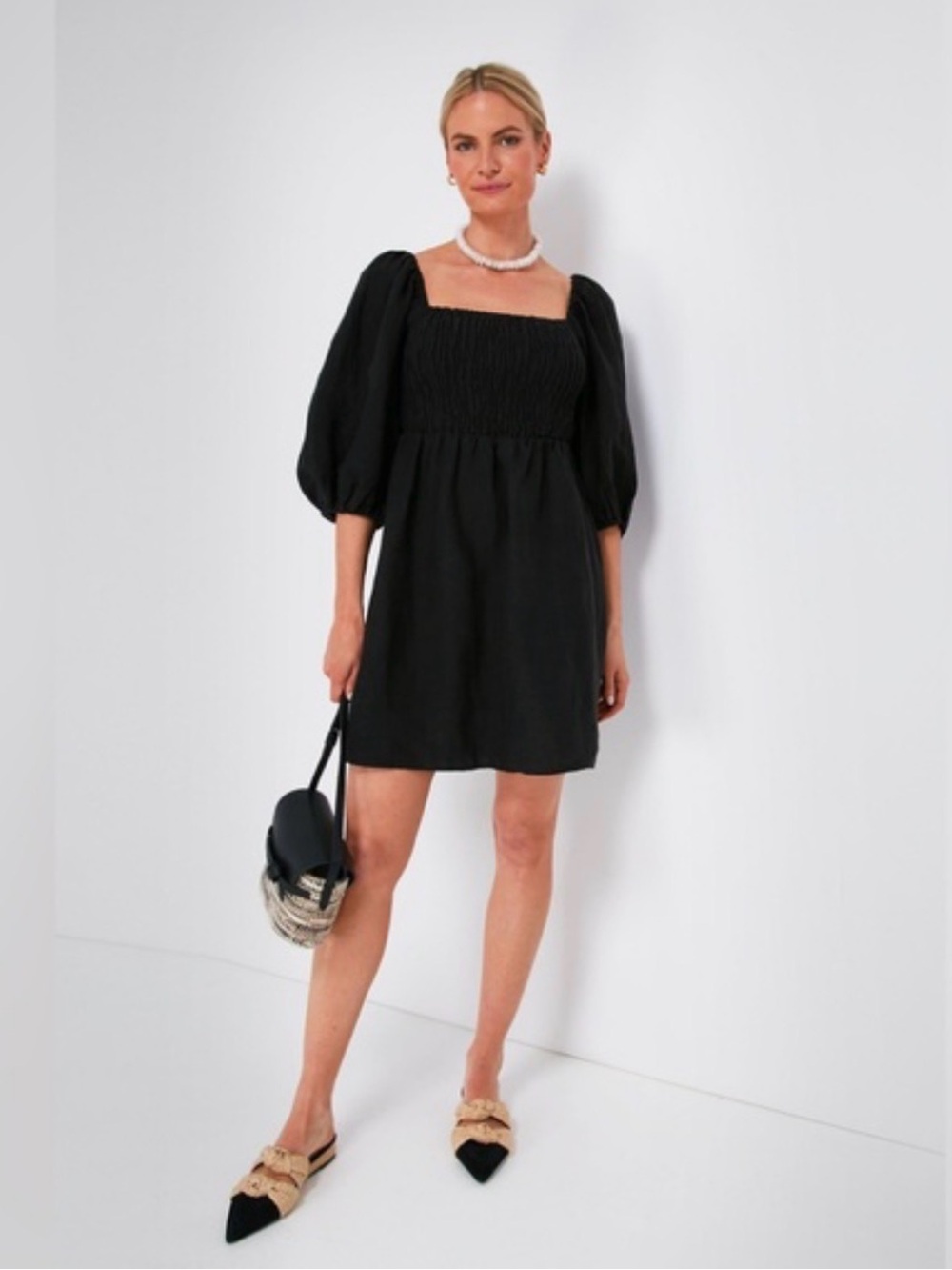 TUCKERNUCK Annie Black Linen Blend Smocked Puff Sleeve Short Dress size M